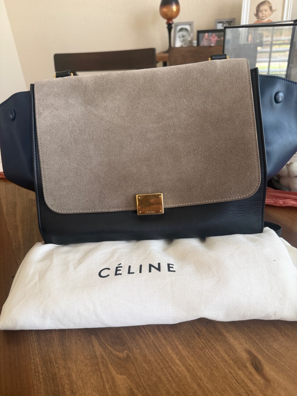Celine Two-Tone Black and Taupe Suede Leather Shoulder Bag